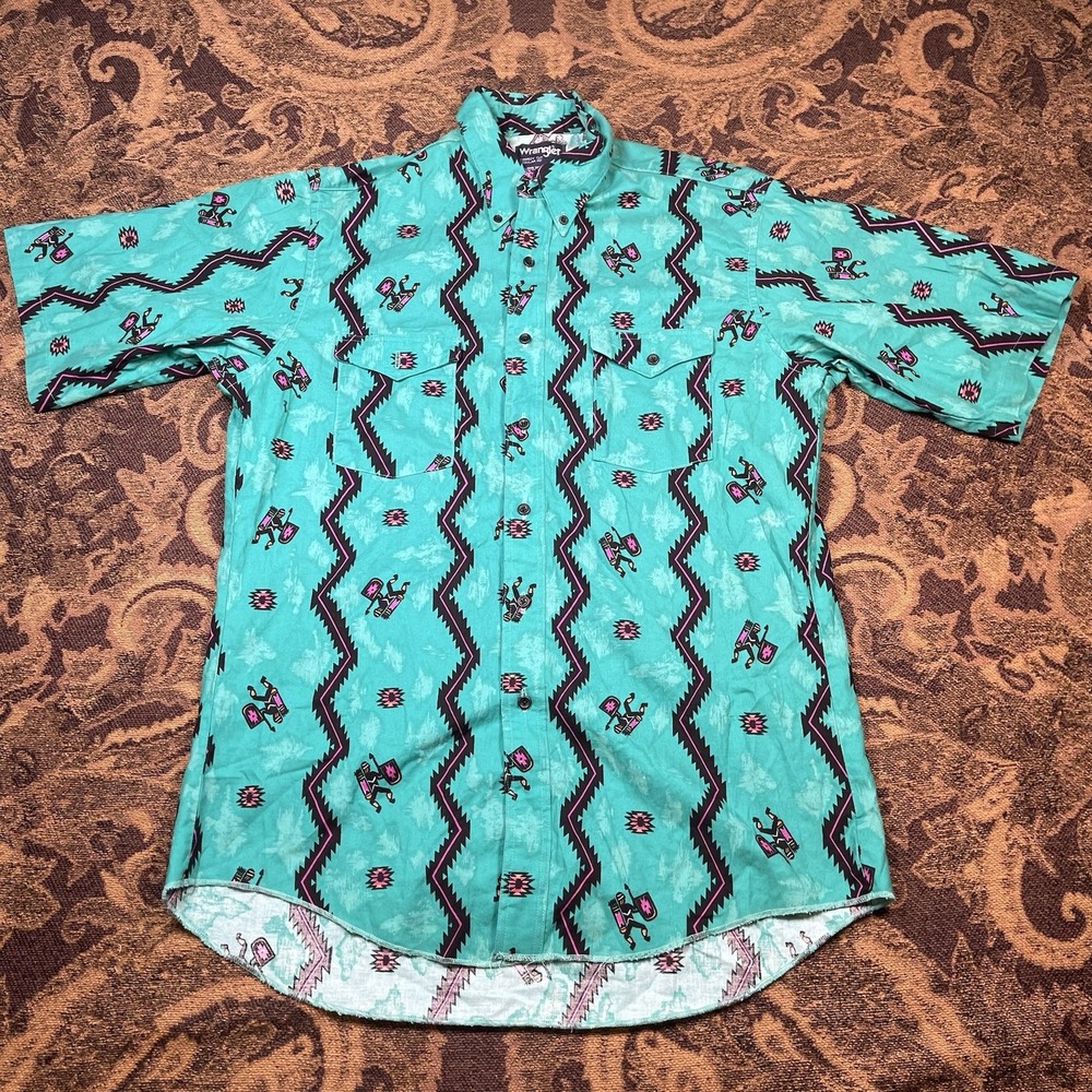 Vtg Wrangler Pearl Snap Western Shirt Mens Size 16.5 Aztec Print Cowboy Cut